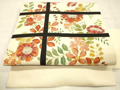 平和屋着物●塩瀬　九寸名古屋帯　刺繍　草花文　金彩　正絹　逸品　DABC8148cm