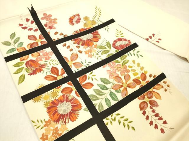 平和屋着物●塩瀬　九寸名古屋帯　刺繍　草花文　金彩　正絹　逸品　DABC8148cm