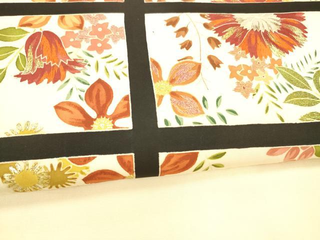 平和屋着物●塩瀬　九寸名古屋帯　刺繍　草花文　金彩　正絹　逸品　DABC8148cm