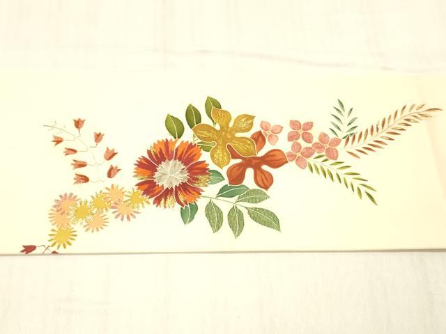 平和屋着物●塩瀬　九寸名古屋帯　刺繍　草花文　金彩　正絹　逸品　DABC8148cm