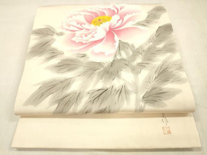 平和屋着物●東京友禅　熊谷好博子　塩瀬　九寸開き名古屋帯　手描き　牡丹　正絹　逸品　DABC8149cm