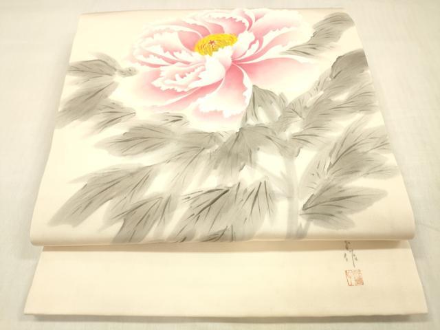 平和屋着物●東京友禅　熊谷好博子　塩瀬　九寸開き名古屋帯　手描き　牡丹　正絹　逸品　DABC8149cm