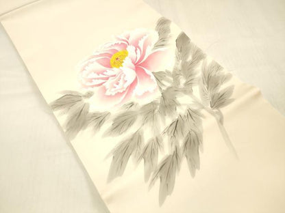 平和屋着物●東京友禅　熊谷好博子　塩瀬　九寸開き名古屋帯　手描き　牡丹　正絹　逸品　DABC8149cm