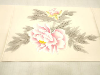 平和屋着物●東京友禅　熊谷好博子　塩瀬　九寸開き名古屋帯　手描き　牡丹　正絹　逸品　DABC8149cm
