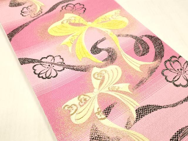 平和屋着物●六通柄袋帯　唐織　モール　リボン花文　金銀糸　アート裕謹製　正絹　逸品　DABC8151cm