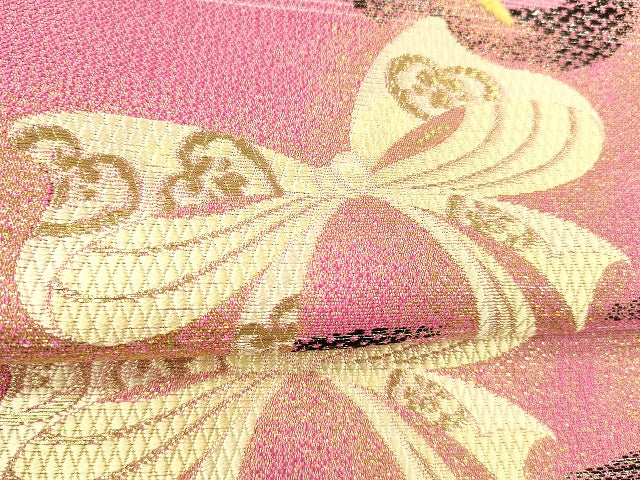 平和屋着物●六通柄袋帯　唐織　モール　リボン花文　金銀糸　アート裕謹製　正絹　逸品　DABC8151cm