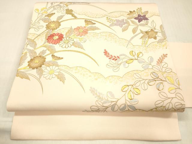 平和屋着物●塩瀬　九寸名古屋帯　駒刺繍　草花文　金銀彩　正絹　逸品　DABC8152cm