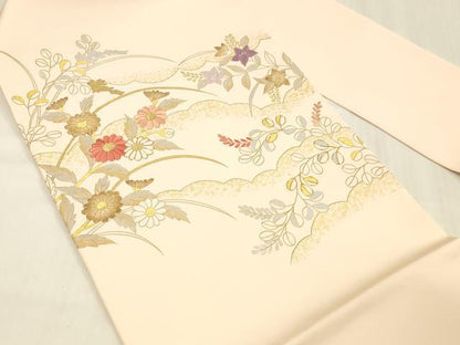 平和屋着物●塩瀬　九寸名古屋帯　駒刺繍　草花文　金銀彩　正絹　逸品　DABC8152cm
