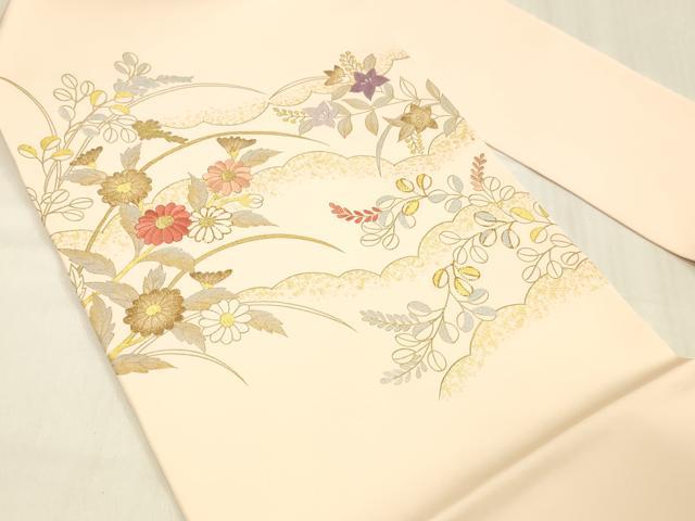 平和屋着物●塩瀬　九寸名古屋帯　駒刺繍　草花文　金銀彩　正絹　逸品　DABC8152cm