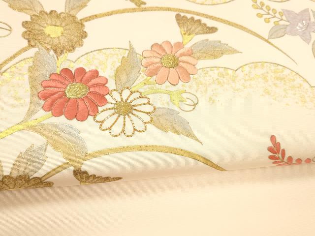 平和屋着物●塩瀬　九寸名古屋帯　駒刺繍　草花文　金銀彩　正絹　逸品　DABC8152cm