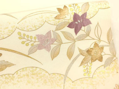 平和屋着物●塩瀬　九寸名古屋帯　駒刺繍　草花文　金銀彩　正絹　逸品　DABC8152cm