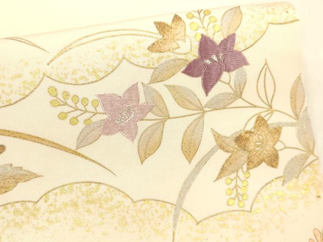 平和屋着物●塩瀬　九寸名古屋帯　駒刺繍　草花文　金銀彩　正絹　逸品　DABC8152cm