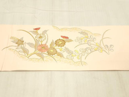 平和屋着物●塩瀬　九寸名古屋帯　駒刺繍　草花文　金銀彩　正絹　逸品　DABC8152cm