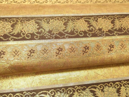 平和屋着物●伝統工芸士 山野忠雄 六通柄袋帯 螺鈿名物裂 横段花文 金糸 引箔 正絹 逸品 DABC8162cm