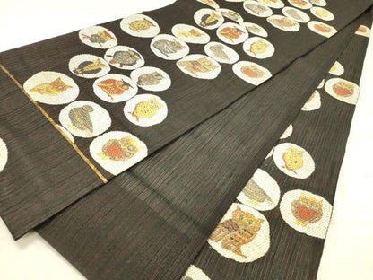 平和屋着物▽六通柄袋帯　スリーシーズン　春夏秋　織人七人衆　紬地　梟　黒地　金銀糸　正絹　逸品　DABC8166cm