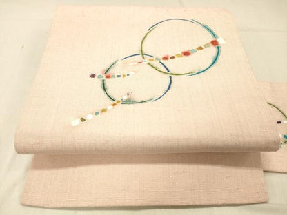 平和屋着物●九寸名古屋帯　紬地　駒刺繍　抽象丸文　金糸　銀通し地　正絹　逸品　DABC8183cm