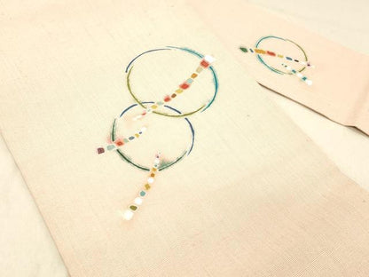 平和屋着物●九寸名古屋帯　紬地　駒刺繍　抽象丸文　金糸　銀通し地　正絹　逸品　DABC8183cm