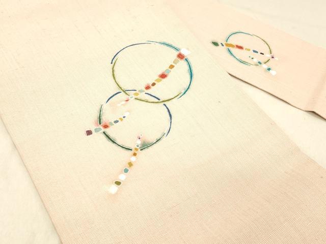 平和屋着物●九寸名古屋帯　紬地　駒刺繍　抽象丸文　金糸　銀通し地　正絹　逸品　DABC8183cm
