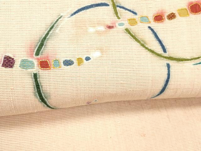 平和屋着物●九寸名古屋帯　紬地　駒刺繍　抽象丸文　金糸　銀通し地　正絹　逸品　DABC8183cm