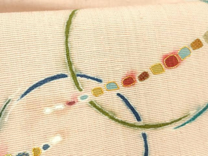 平和屋着物●九寸名古屋帯　紬地　駒刺繍　抽象丸文　金糸　銀通し地　正絹　逸品　DABC8183cm