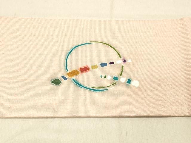 平和屋着物●九寸名古屋帯　紬地　駒刺繍　抽象丸文　金糸　銀通し地　正絹　逸品　DABC8183cm