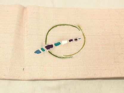 平和屋着物●九寸名古屋帯　紬地　駒刺繍　抽象丸文　金糸　銀通し地　正絹　逸品　DABC8183cm