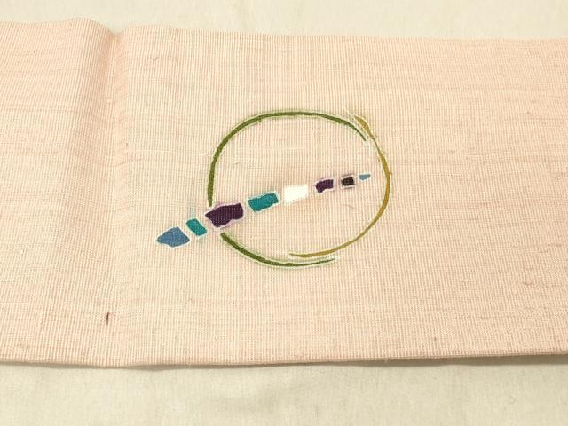 平和屋着物●九寸名古屋帯　紬地　駒刺繍　抽象丸文　金糸　銀通し地　正絹　逸品　DABC8183cm