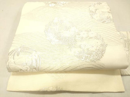 平和屋着物＊夏物 九寸名古屋帯 唐織 流水草花文 銀糸 正絹 逸品 DABC8196cm