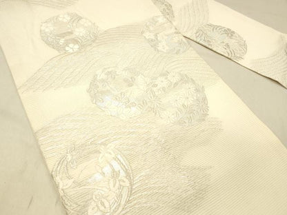 平和屋着物＊夏物 九寸名古屋帯 唐織 流水草花文 銀糸 正絹 逸品 DABC8196cm