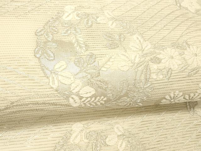 平和屋着物＊夏物 九寸名古屋帯 唐織 流水草花文 銀糸 正絹 逸品 DABC8196cm