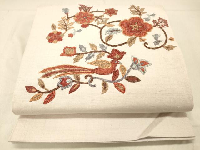 平和屋着物●中国三大刺繍　相良刺繍　総刺繍　太鼓柄袋帯　紬地　花鳥文　正絹　逸品　DABC8199cm