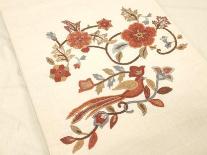 平和屋着物●中国三大刺繍　相良刺繍　総刺繍　太鼓柄袋帯　紬地　花鳥文　正絹　逸品　DABC8199cm