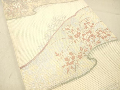 平和屋着物＊夏物 六通柄袋帯 草花文 銀糸 正絹 逸品 DABC8211cm