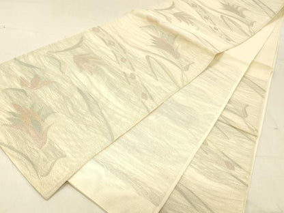 平和屋着物＊夏物 六通柄袋帯 草花文 金糸 正絹 逸品 DABC8212cm