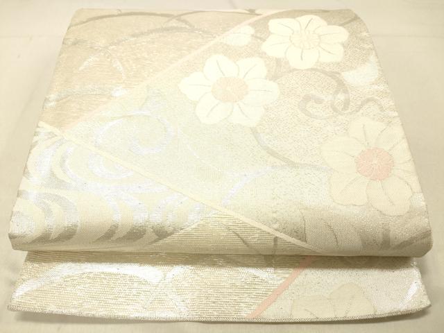 平和屋着物＊夏物 六通柄袋帯 流水花唐草文 銀糸 正絹 逸品 DABC8215cm