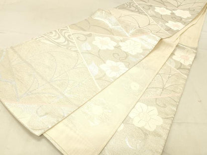平和屋着物＊夏物 六通柄袋帯 流水花唐草文 銀糸 正絹 逸品 DABC8215cm