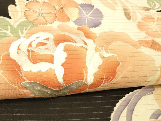平和屋着物＊夏物　アンティーク　大正ロマン　両面　六通柄　京袋帯　引き抜き帯　絽縮緬　刺繍　流水花文　黒地　正絹　逸品　DABC8216cm