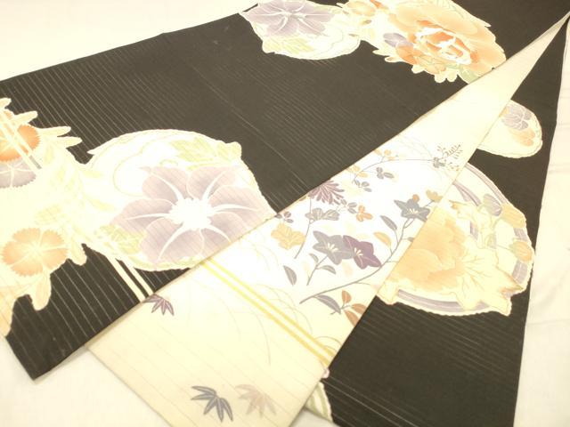 平和屋着物＊夏物　アンティーク　大正ロマン　両面　六通柄　京袋帯　引き抜き帯　絽縮緬　刺繍　流水花文　黒地　正絹　逸品　DABC8216cm