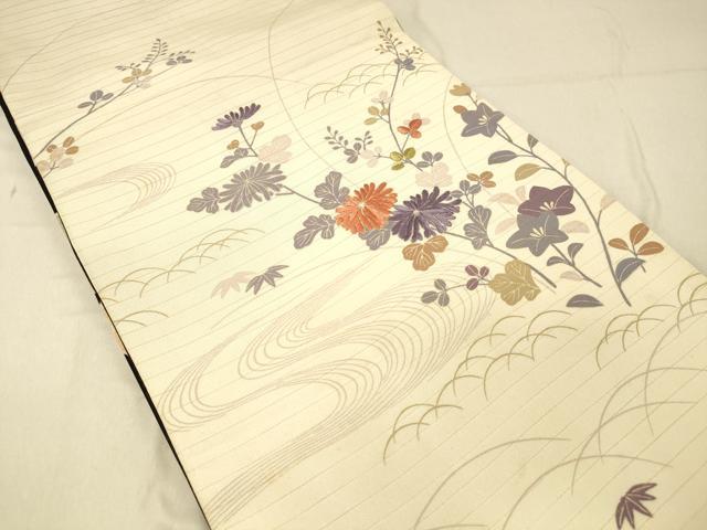 平和屋着物＊夏物　アンティーク　大正ロマン　両面　六通柄　京袋帯　引き抜き帯　絽縮緬　刺繍　流水花文　黒地　正絹　逸品　DABC8216cm