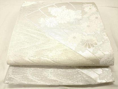 平和屋着物＊夏物 六通柄袋帯 扇面草花文 銀糸 正絹 逸品 DABC8220cm