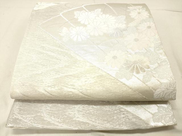 平和屋着物＊夏物 六通柄袋帯 扇面草花文 銀糸 正絹 逸品 DABC8220cm