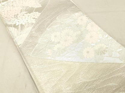 平和屋着物＊夏物 六通柄袋帯 扇面草花文 銀糸 正絹 逸品 DABC8220cm