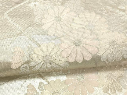 平和屋着物＊夏物 六通柄袋帯 扇面草花文 銀糸 正絹 逸品 DABC8220cm