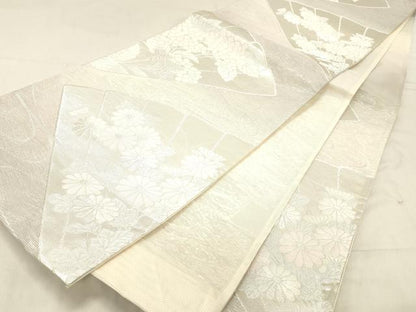 平和屋着物＊夏物 六通柄袋帯 扇面草花文 銀糸 正絹 逸品 DABC8220cm