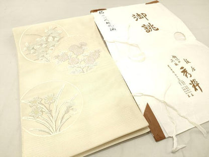平和屋着物＊夏物 絽綴れ 太鼓柄袋帯 草花文 金銀糸 銀座秀粋 たとう紙付き 正絹 逸品 DABC8224cm