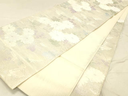平和屋着物＊夏物 六通柄袋帯 草花文 銀糸 正絹 逸品 DABC8225cm