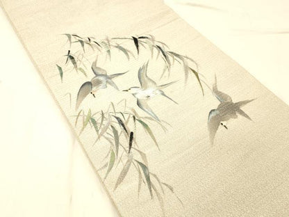 平和屋着物＊夏物　アンティーク　大正ロマン　丸帯　手刺繍　絽縮緬　飛鳥草葉文　金銀糸　正絹　逸品　DABC8226cm