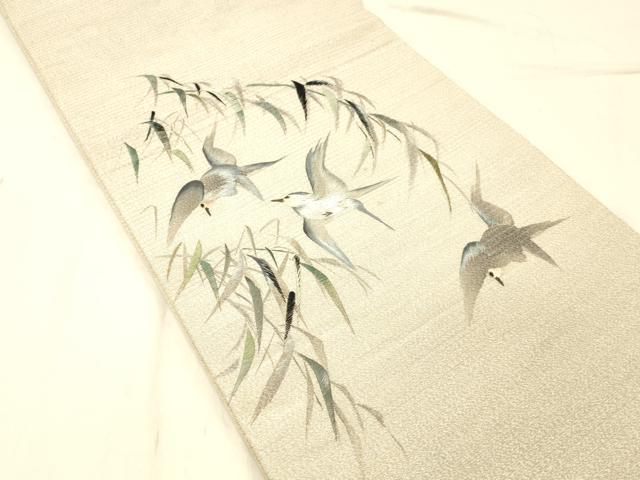 平和屋着物＊夏物　アンティーク　大正ロマン　丸帯　手刺繍　絽縮緬　飛鳥草葉文　金銀糸　正絹　逸品　DABC8226cm