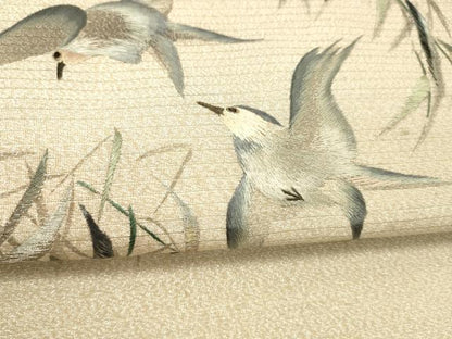 平和屋着物＊夏物　アンティーク　大正ロマン　丸帯　手刺繍　絽縮緬　飛鳥草葉文　金銀糸　正絹　逸品　DABC8226cm