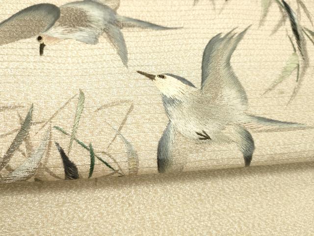 平和屋着物＊夏物　アンティーク　大正ロマン　丸帯　手刺繍　絽縮緬　飛鳥草葉文　金銀糸　正絹　逸品　DABC8226cm